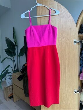 Milly Two-Tone Pink and Red Spaghetti-Strap Midi Dress
